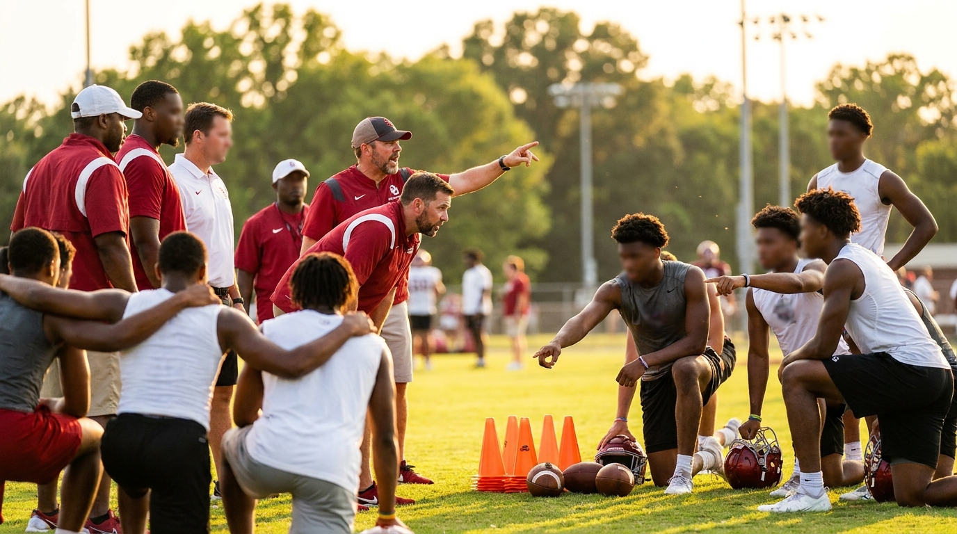 Coaches and recruits huddled on a sunlit practice field, showing energy and strategic planning.