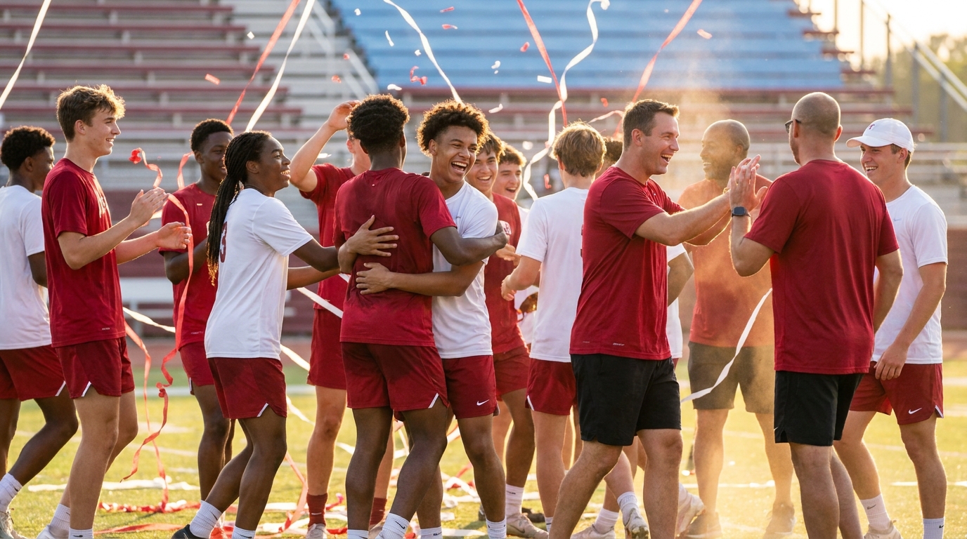 Recruits celebrating on a sunny practice field with crimson and white accents