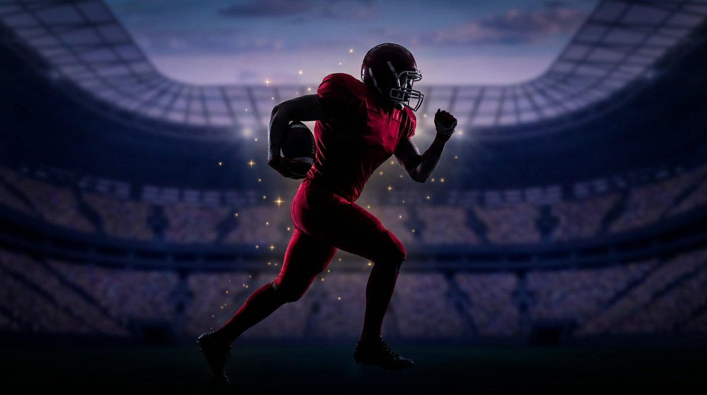 Silhouette of a running football player in a crimson jersey against a dusk stadium background, star-like highlights signifying rising prospects