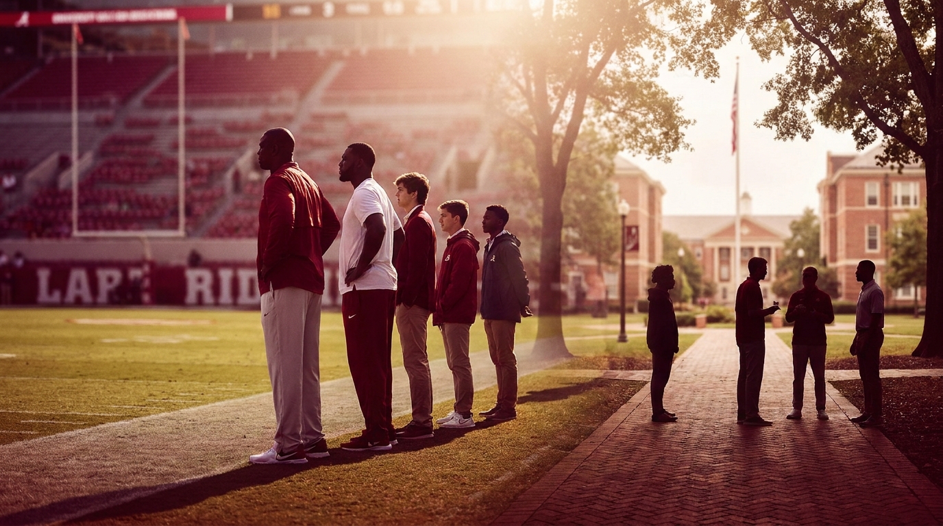 Silhouettes of recruits and coaches on a stadium sideline and campus quad during golden hour, crimson and white color palette