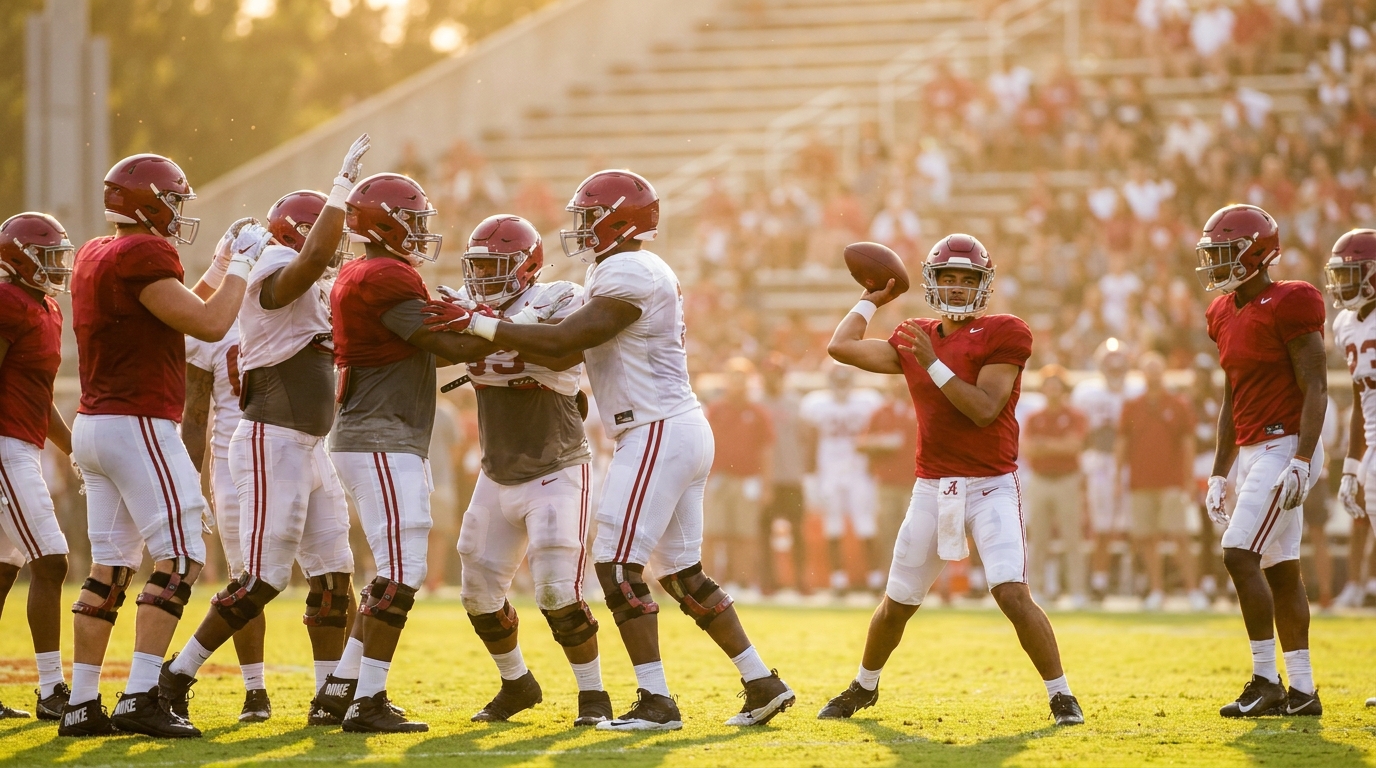 Group of Alabama Crimson Tide players on the field