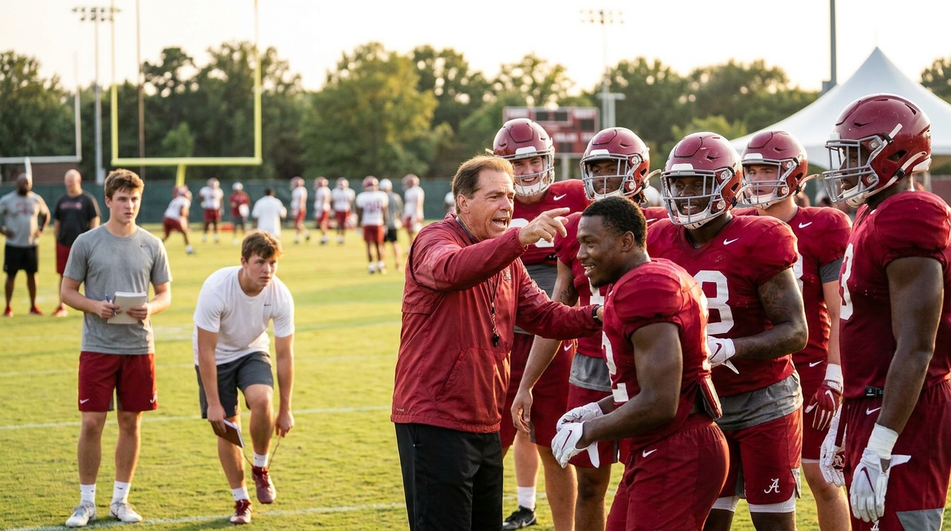 Players in crimson practice gear and coaches animated on the sideline during late-afternoon practice, recruits watching nearby, capturing team spirit and optimism.
