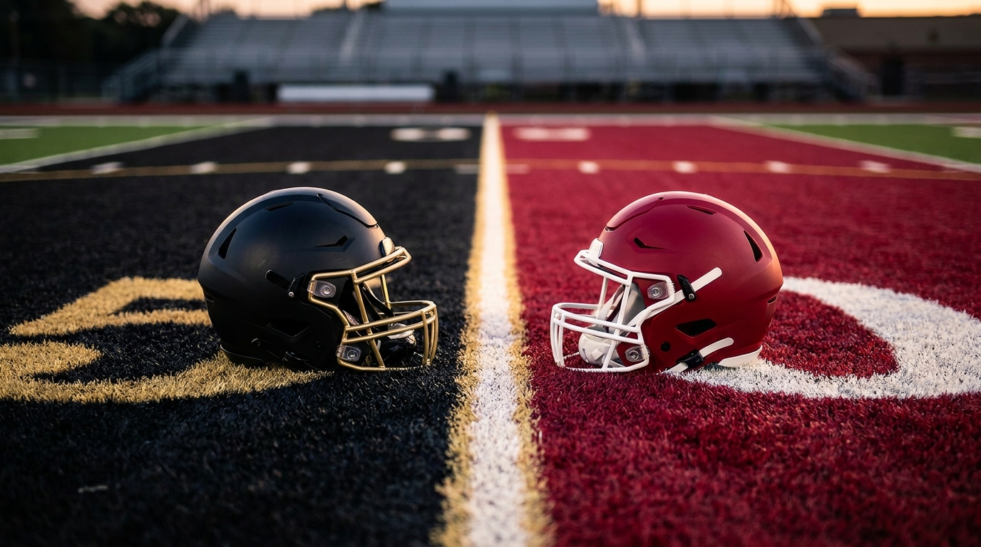 Two football helmets face off across a split field: Vanderbilt colors left, Alabama colors right