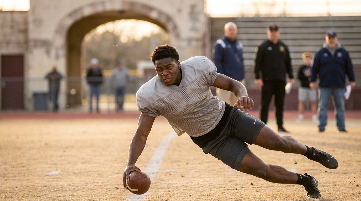 Young wide receiver making a contested one-handed catch during golden-hour recruiting practice