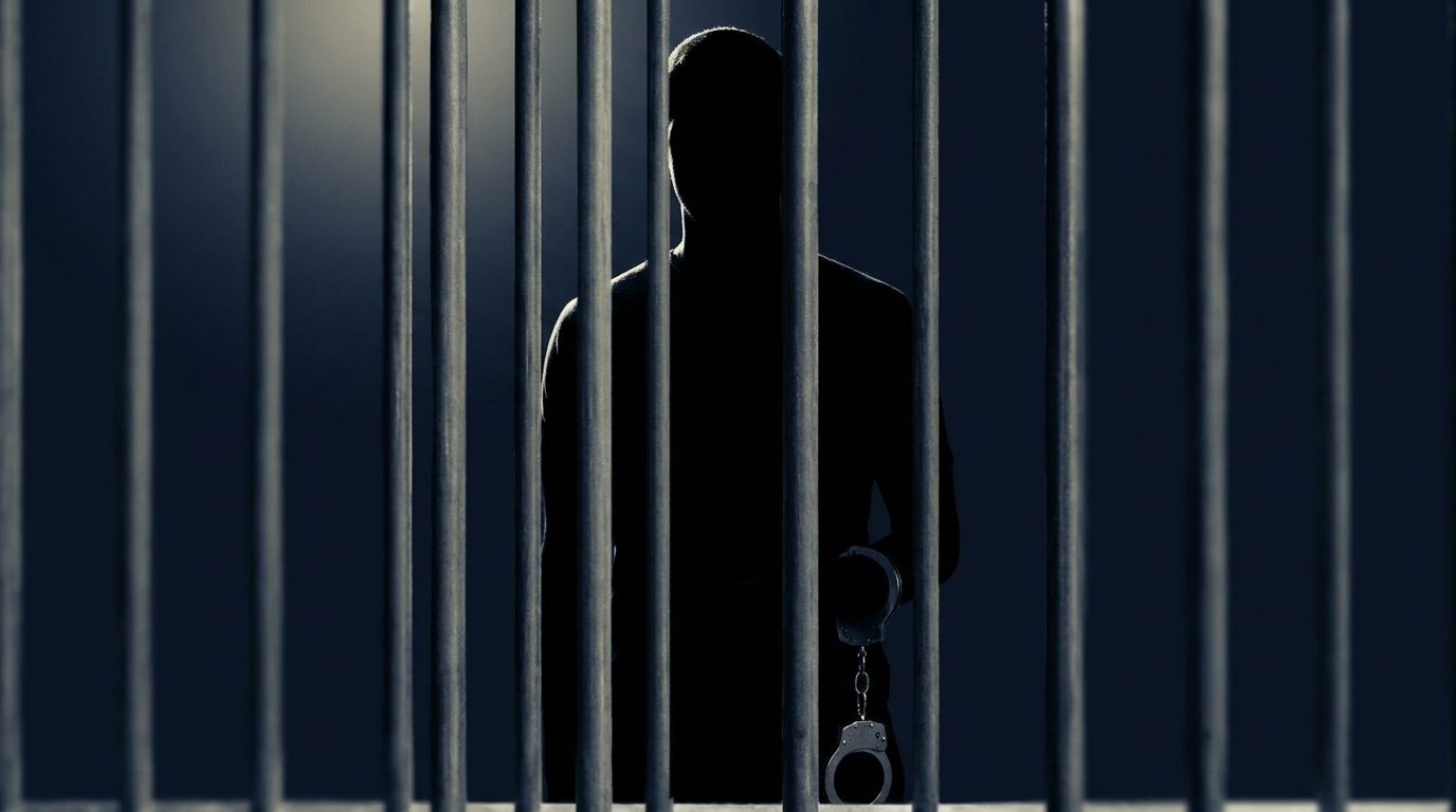 Silhouette of a person standing behind vertical jail bars with one wrist in handcuffs, dark navy background and pale gray accents, symbolic image representing the Terrion Arnold arrest in Tampa, Florida