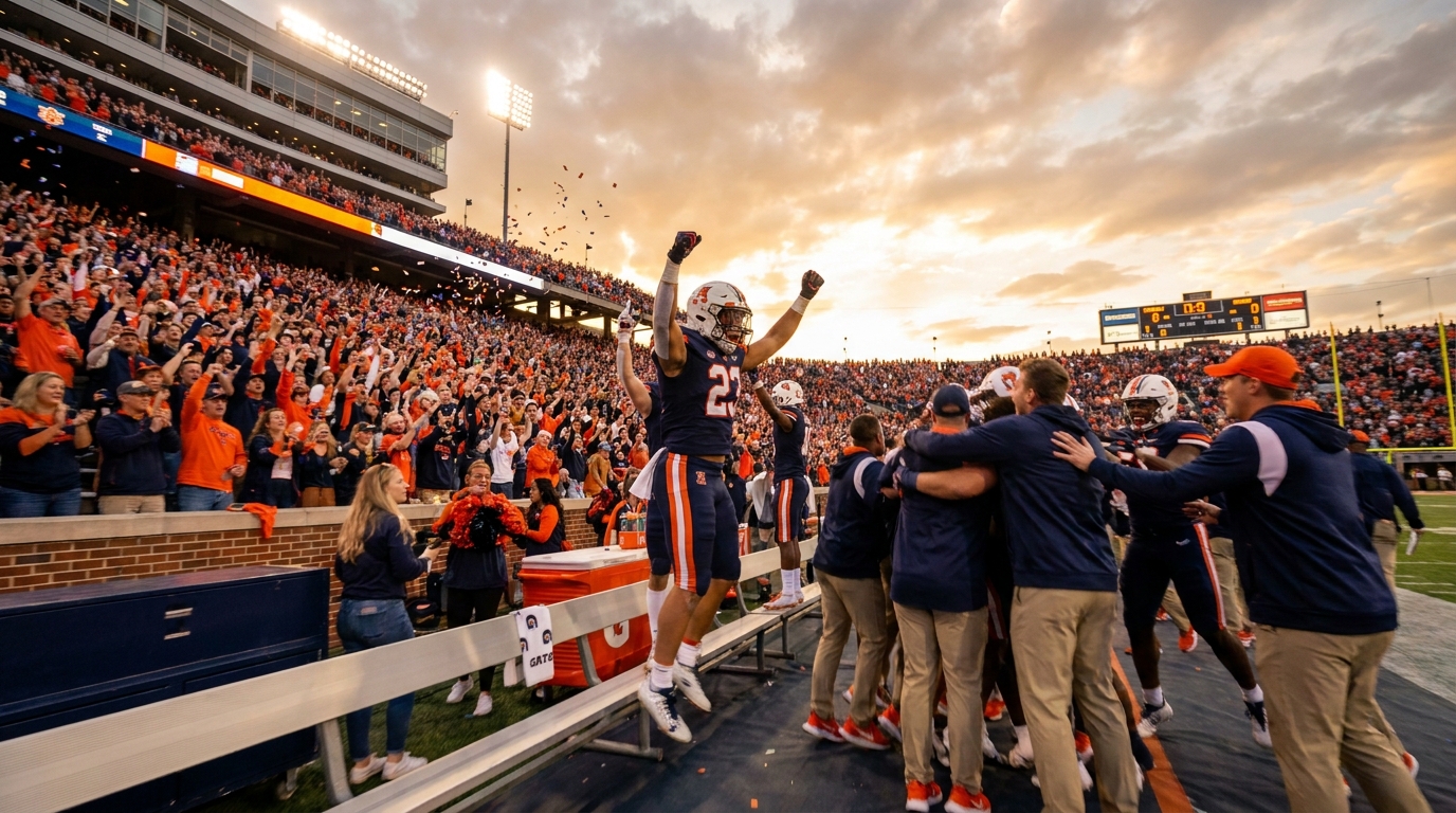 Auburn players celebrating a big play in a packed stadium with orange and blue fans and confetti