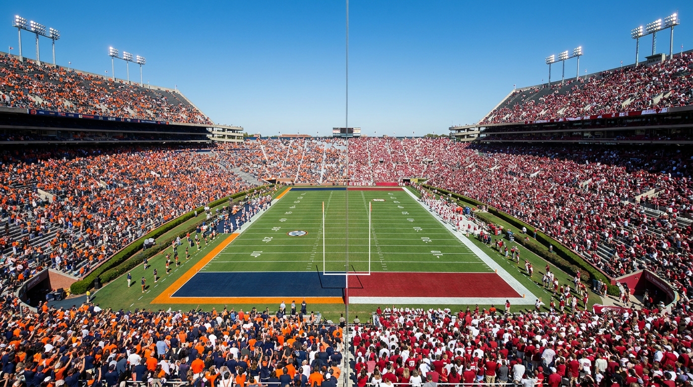 Football stadium split down the middle with Auburn orange and blue on the left and Alabama crimson and white on the right