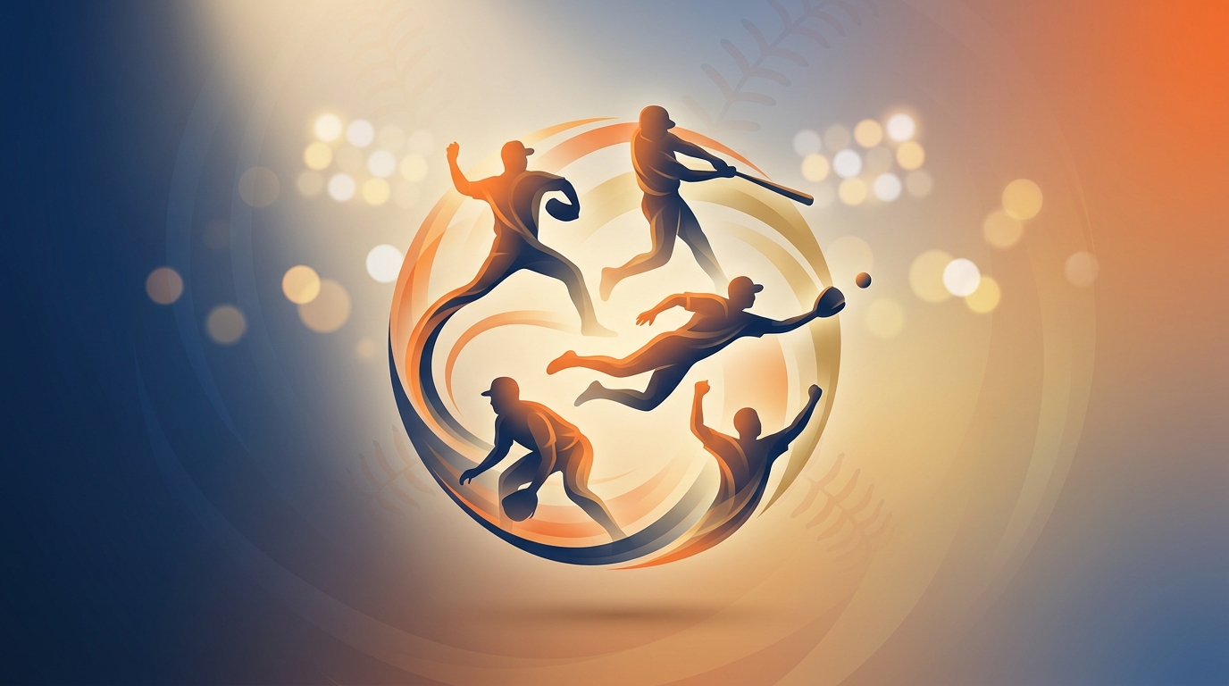 Stylized circular illustration of Auburn baseball players forming a nucleus