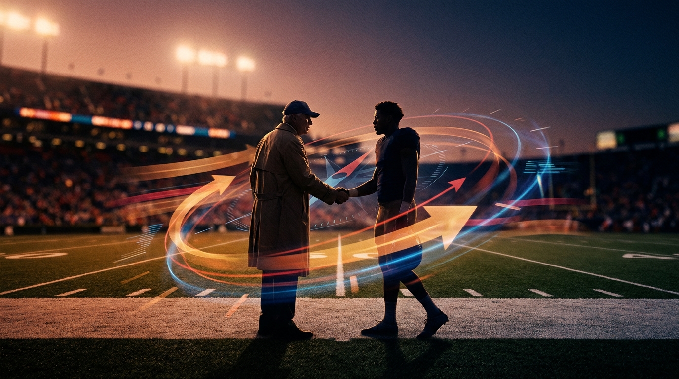 Twilight football field with coach and recruit silhouettes, light streaks suggesting movement and momentum in recruiting
