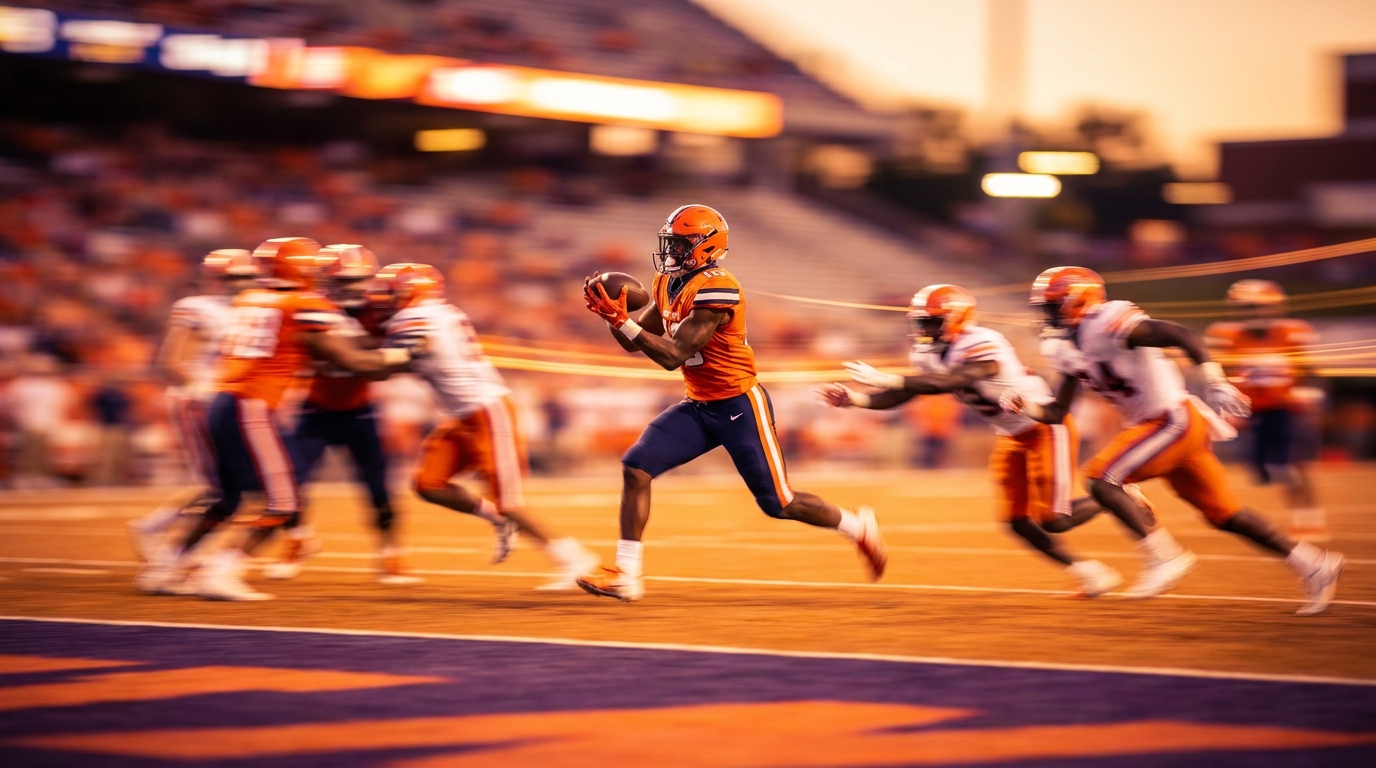 A high-energy kickoff return in orange and navy at golden-hour stadium lighting