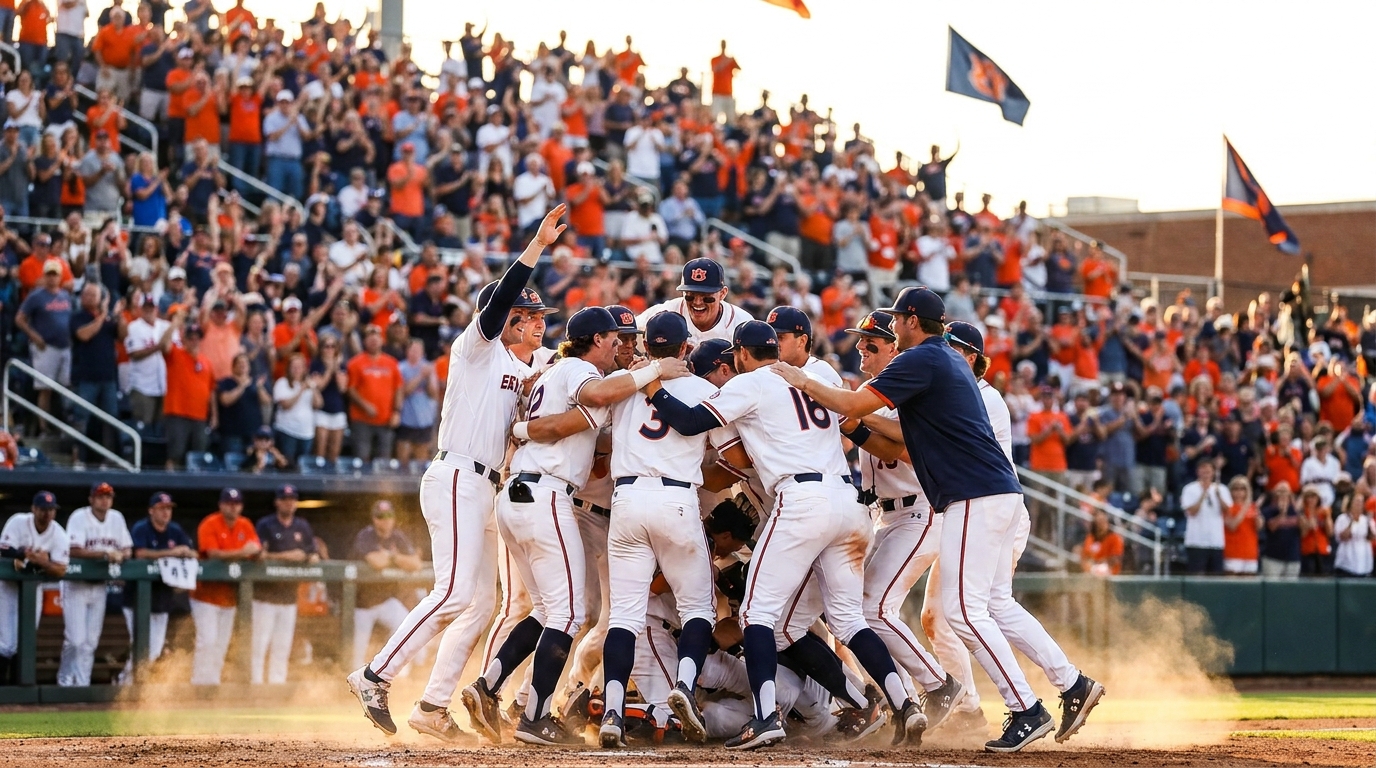 Auburn Tigers celebrating together at Plainsman Park, fans cheering in orange and blue