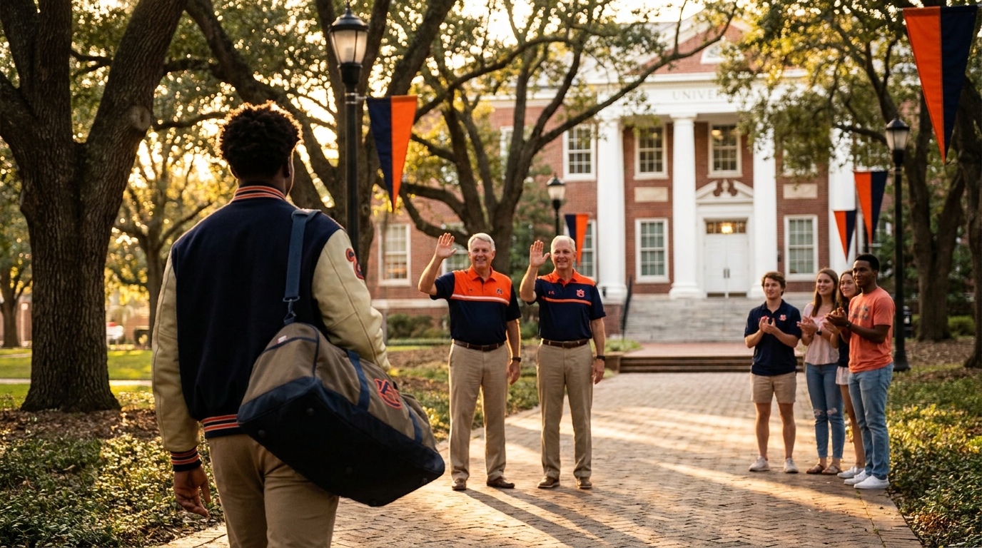 High school recruit walking up a stone path toward a red brick campus building at golden hour, coaches waving and students clapping