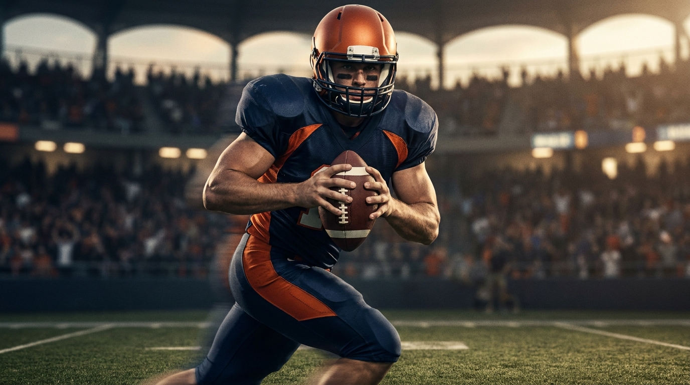 Stylized portrait of a dual-threat quarterback in Auburn orange and navy