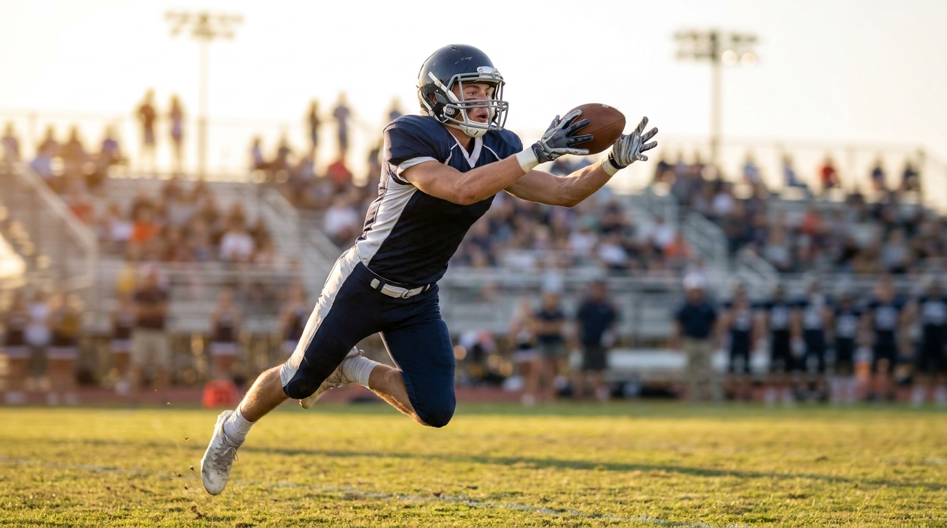 High school wide receiver leaping to catch a jump ball