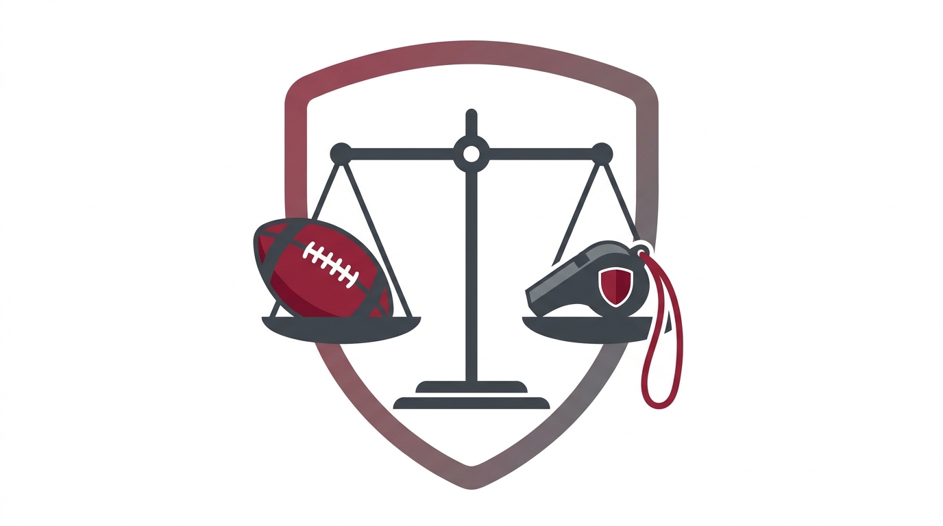 Balanced scale with football and whistle centered on a subtle shield silhouette