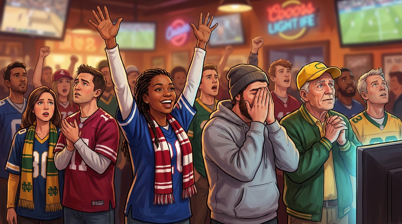 College football fans showing excitement, frustration and hope in a lively stadium concourse