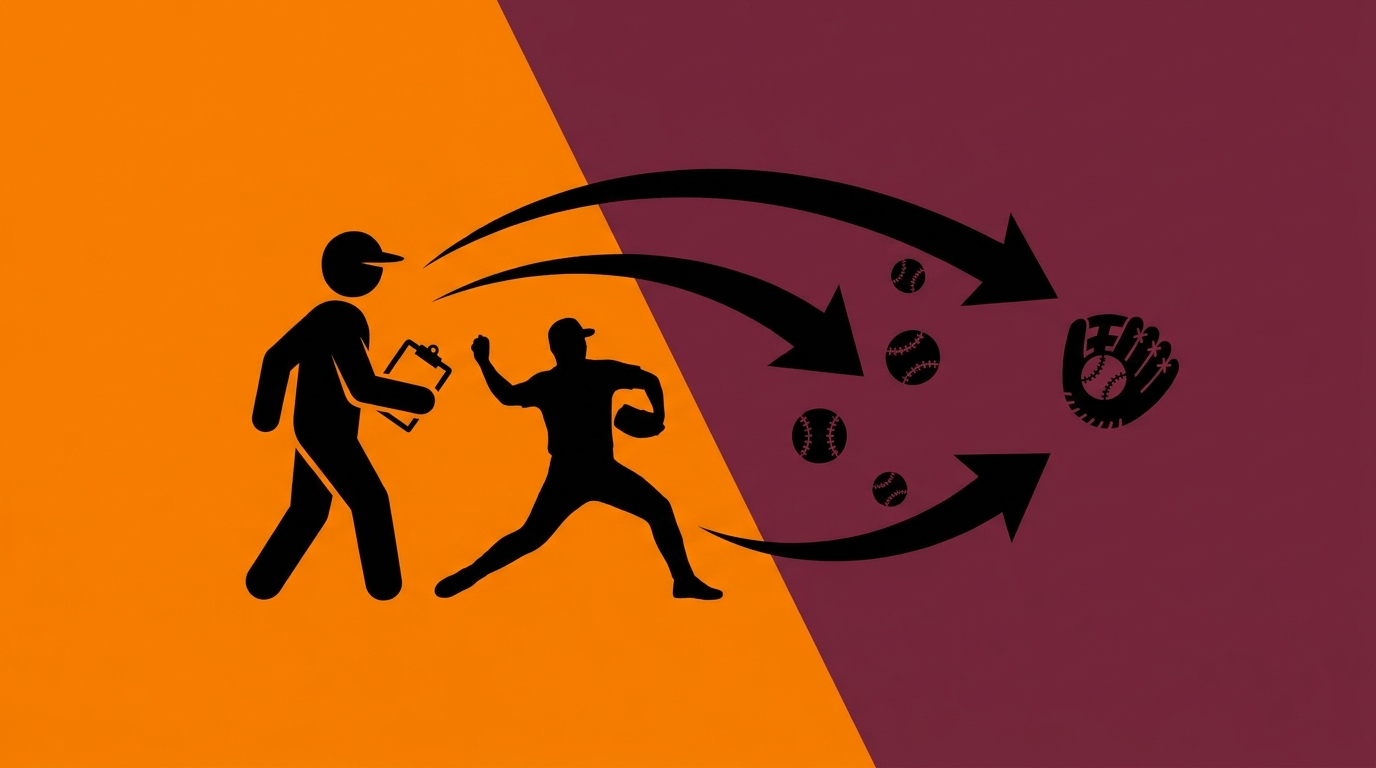 Silhouette of coach and pitcher moving from Tennessee orange to Virginia Tech maroon with shifting arrows and baseball icons
