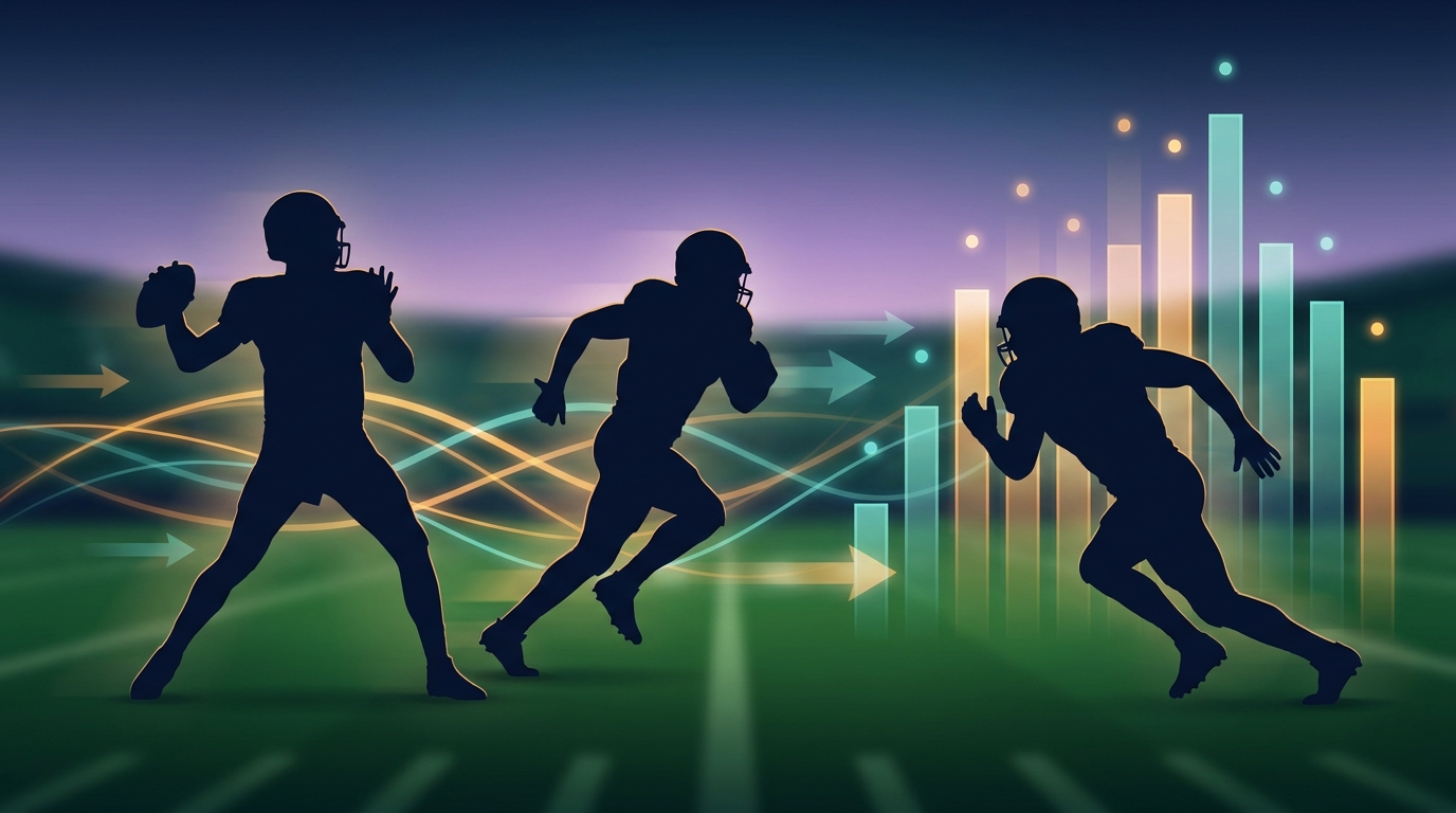 College football illustration showing three player silhouettes, flowing arrows, and translucent ranking bars to represent future power rankings and transfer portal movement