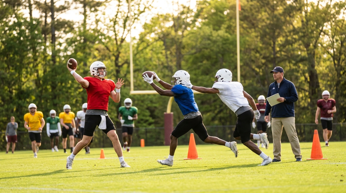 College spring football practice with diverse players running drills
