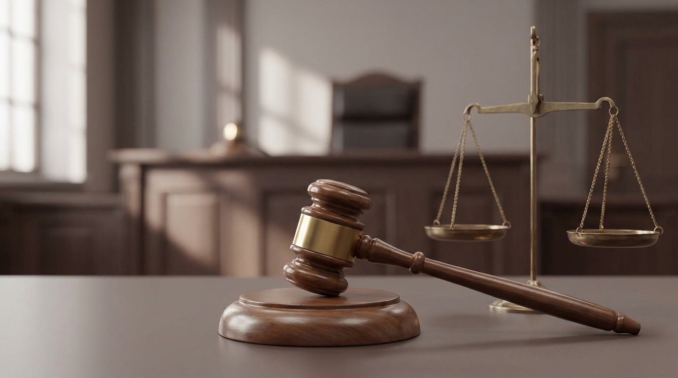 Courtroom scene with gavel and scales