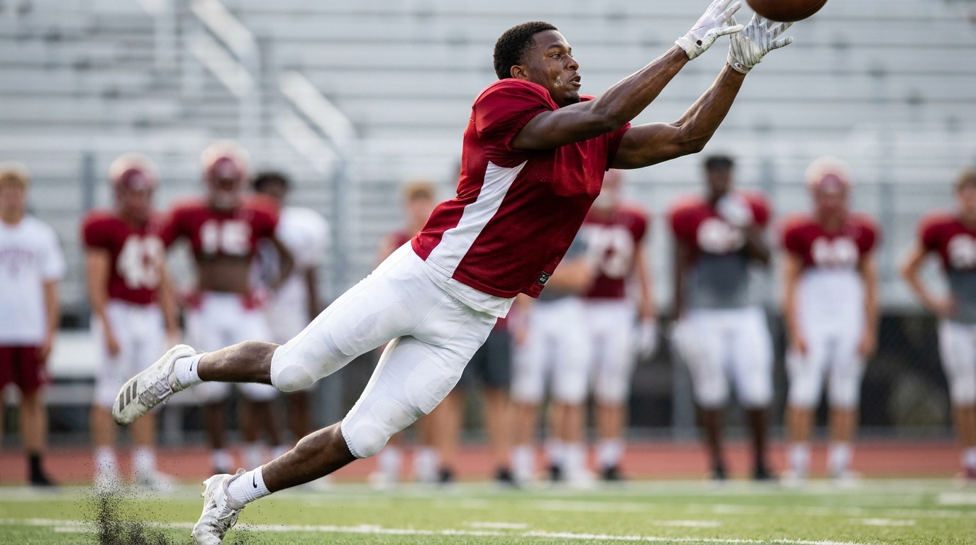 Darrius White leaping to contest a pass, showing his 6-foot-3 height and long reach