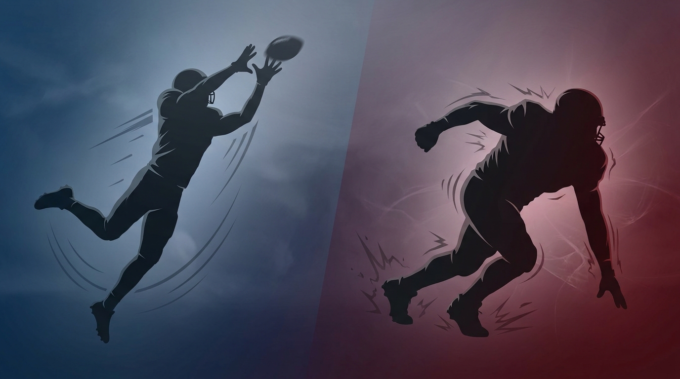 Stylized split-scene silhouettes of Easton Royal leaping to catch a pass and Jalen Brewster in a powerful lineman stance with a deep blue to dark crimson gradient background, motion lines, and high-contrast silhouettes 2027 college football recruiting class top players Easton Royal Jalen Brewster