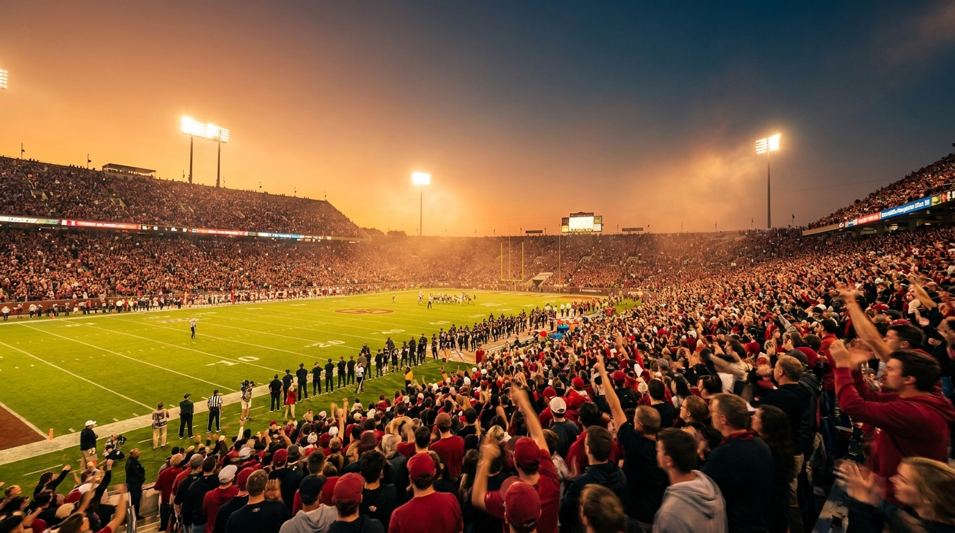 Packed college football stadium at dusk with lights over a green field