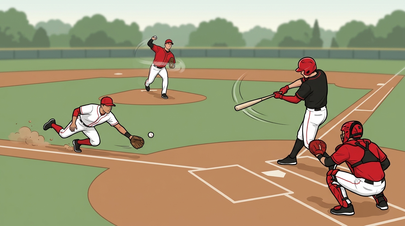 Overhead view of a baseball infield with Georgia Bulldogs players in action. Pitcher mid-delivery, batter finishing a swing, infielder fielding a grounder, catcher ready.