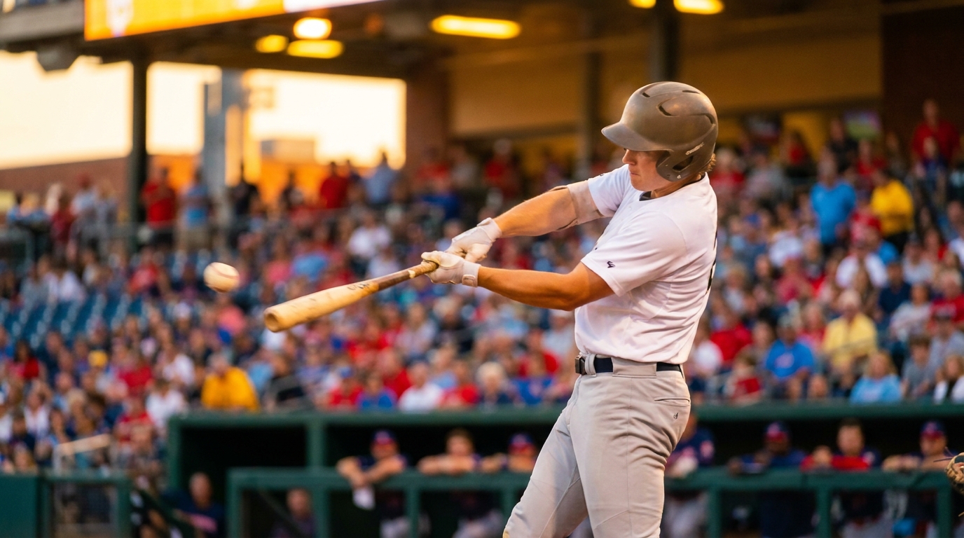 College baseball player mid-swing under stadium lights