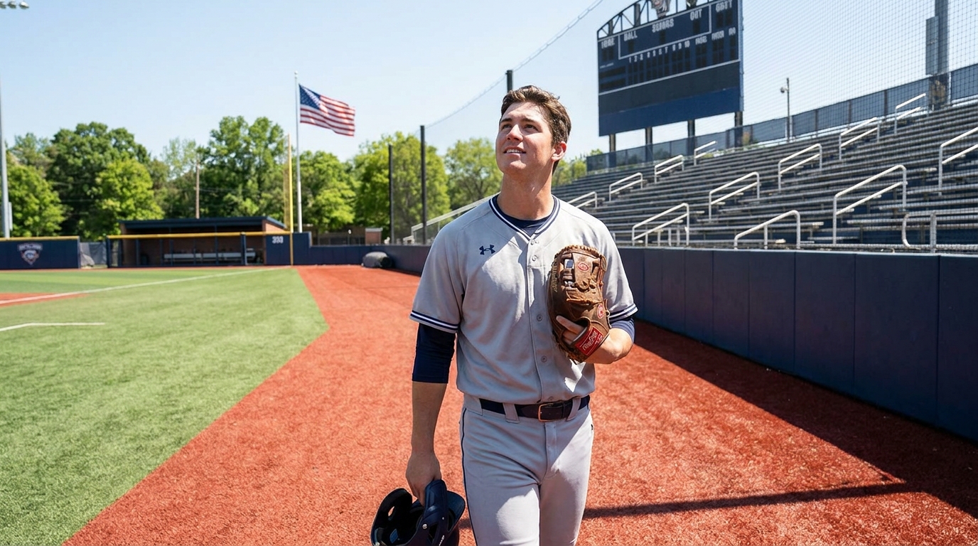 College baseball player walking on a collegiate field, holding a glove and helmet, green grass and baseball diamond in sunlight