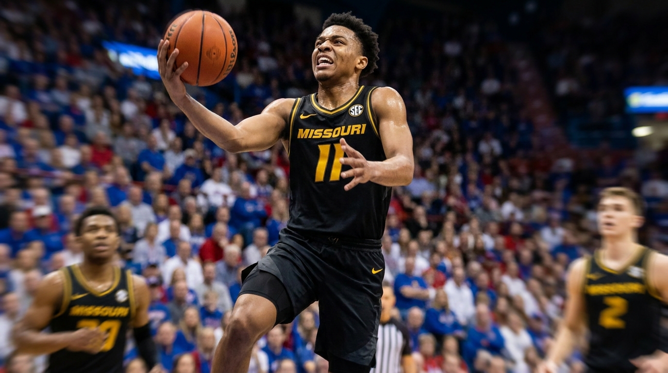 Jayden Stone driving to the basket in Missouri Tigers uniform midair layup arena lighting