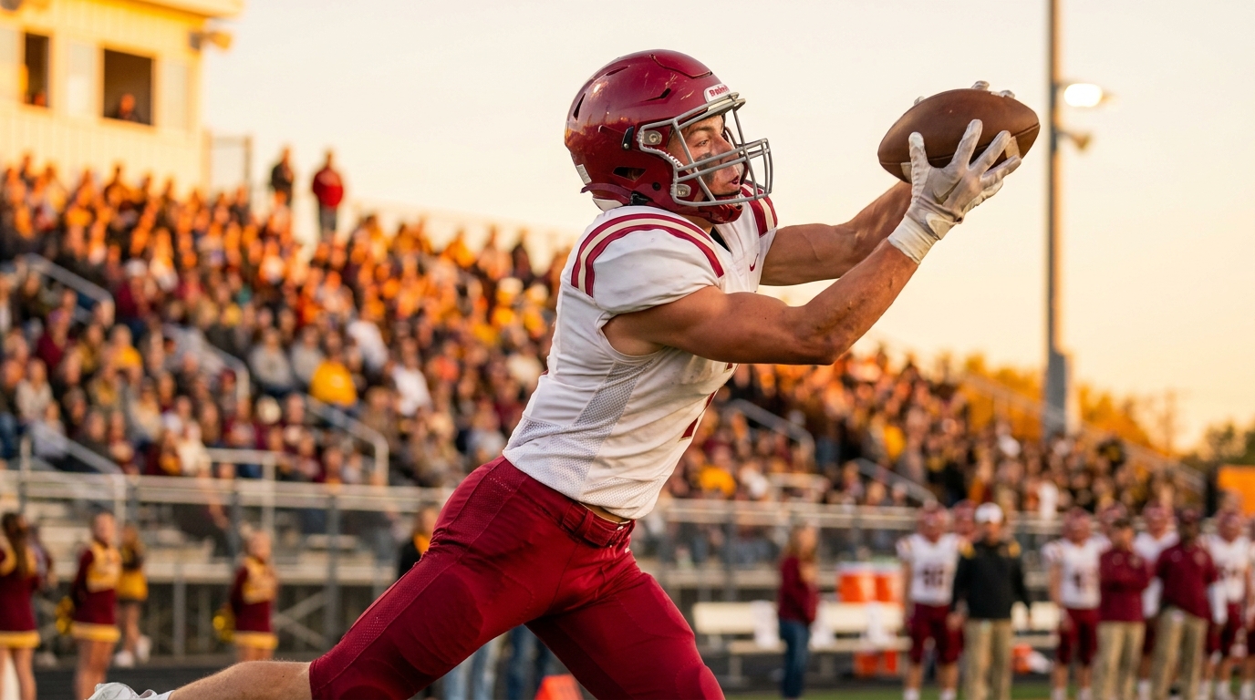 Young football player making a contested catch in Alabama-style gear