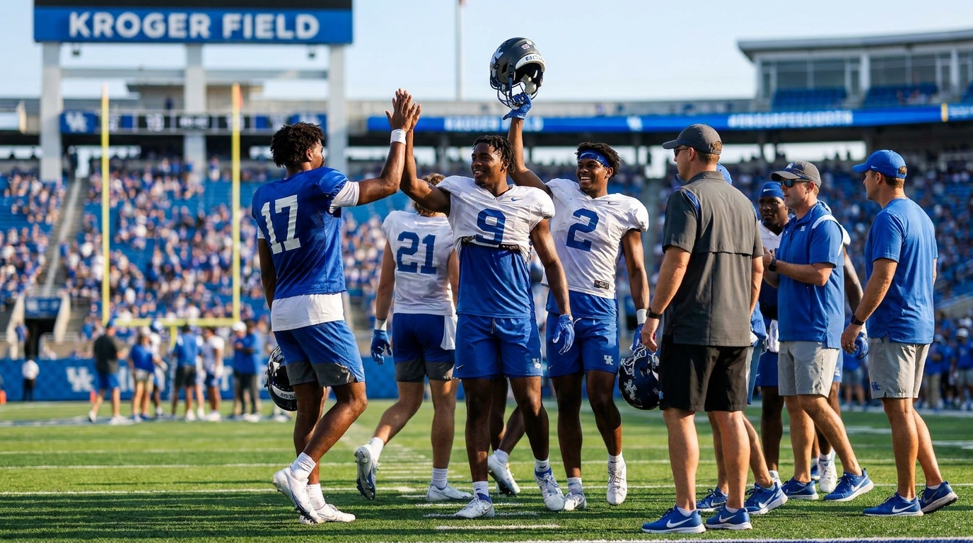 Group of Kentucky football recruits celebrating on Kroger Field