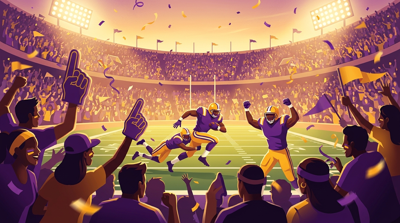 LSU fans and dynamic game action at Tiger Stadium in purple and gold