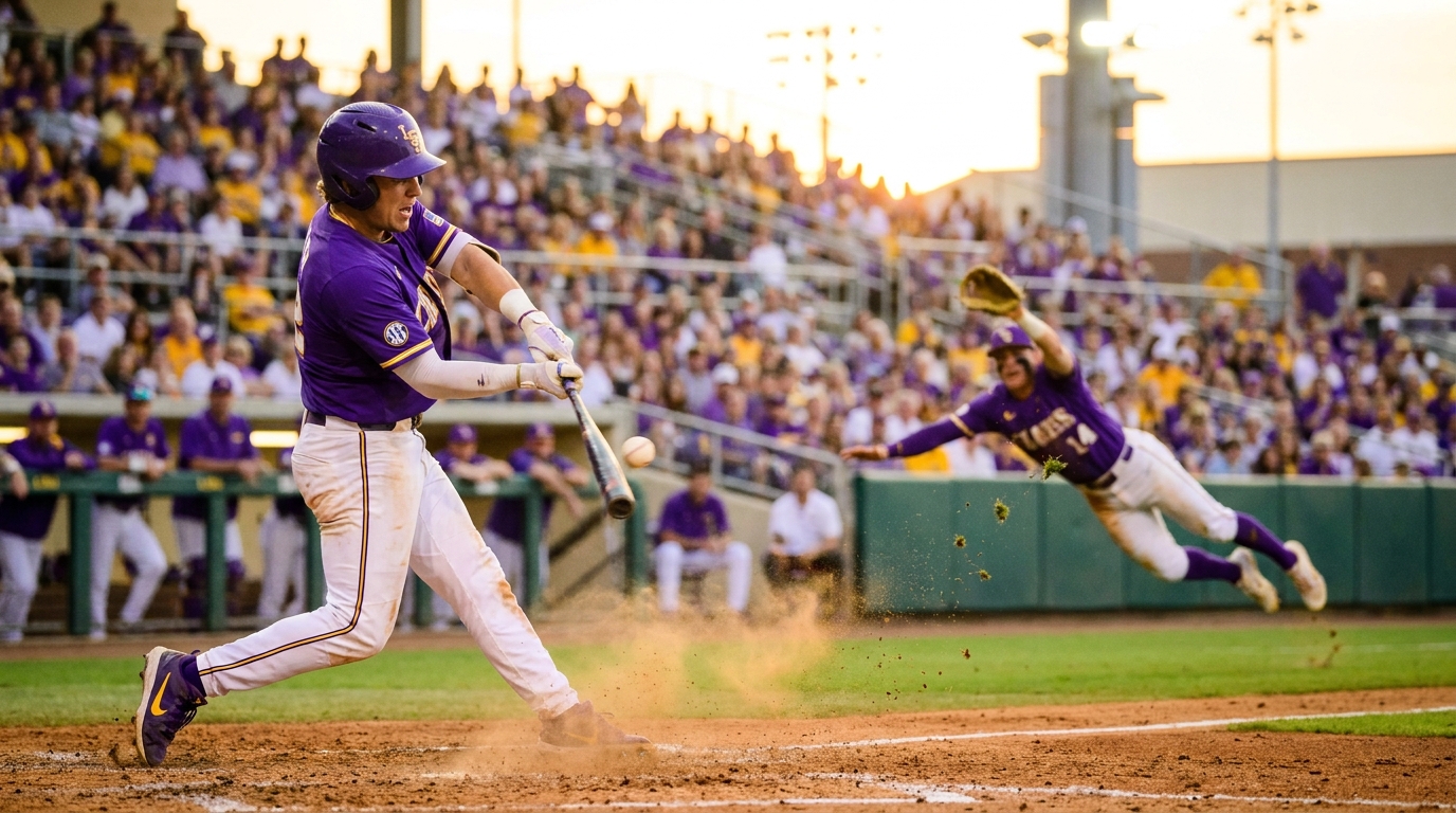 LSU baseball action: left-handed batter and outfielder making a play