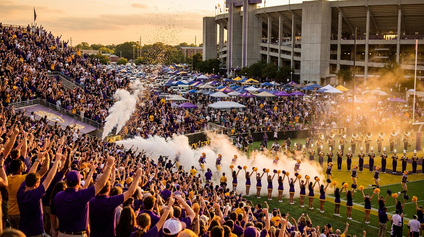 Crowd at Death Valley stadium on game day, fans in purple and gold cheering, band and players on field, golden hour lighting