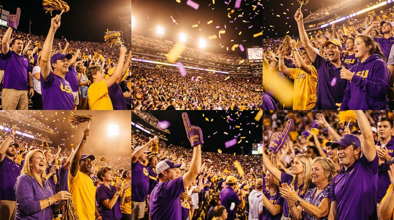 Vibrant LSU fans celebrating at a football game