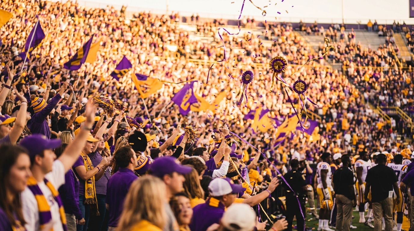 Excited LSU fans at stadium with recruiting visuals