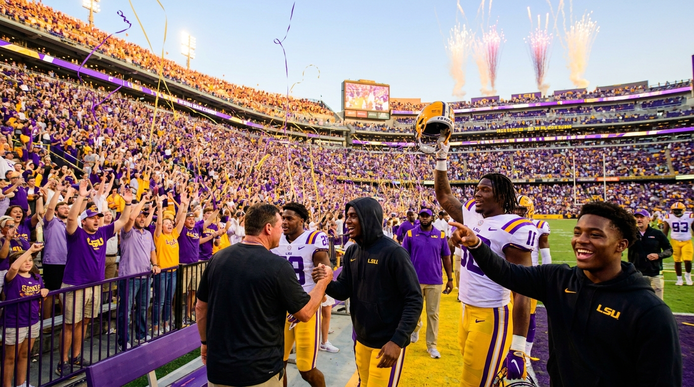 Tiger fans and recruits celebrating at Tiger Stadium