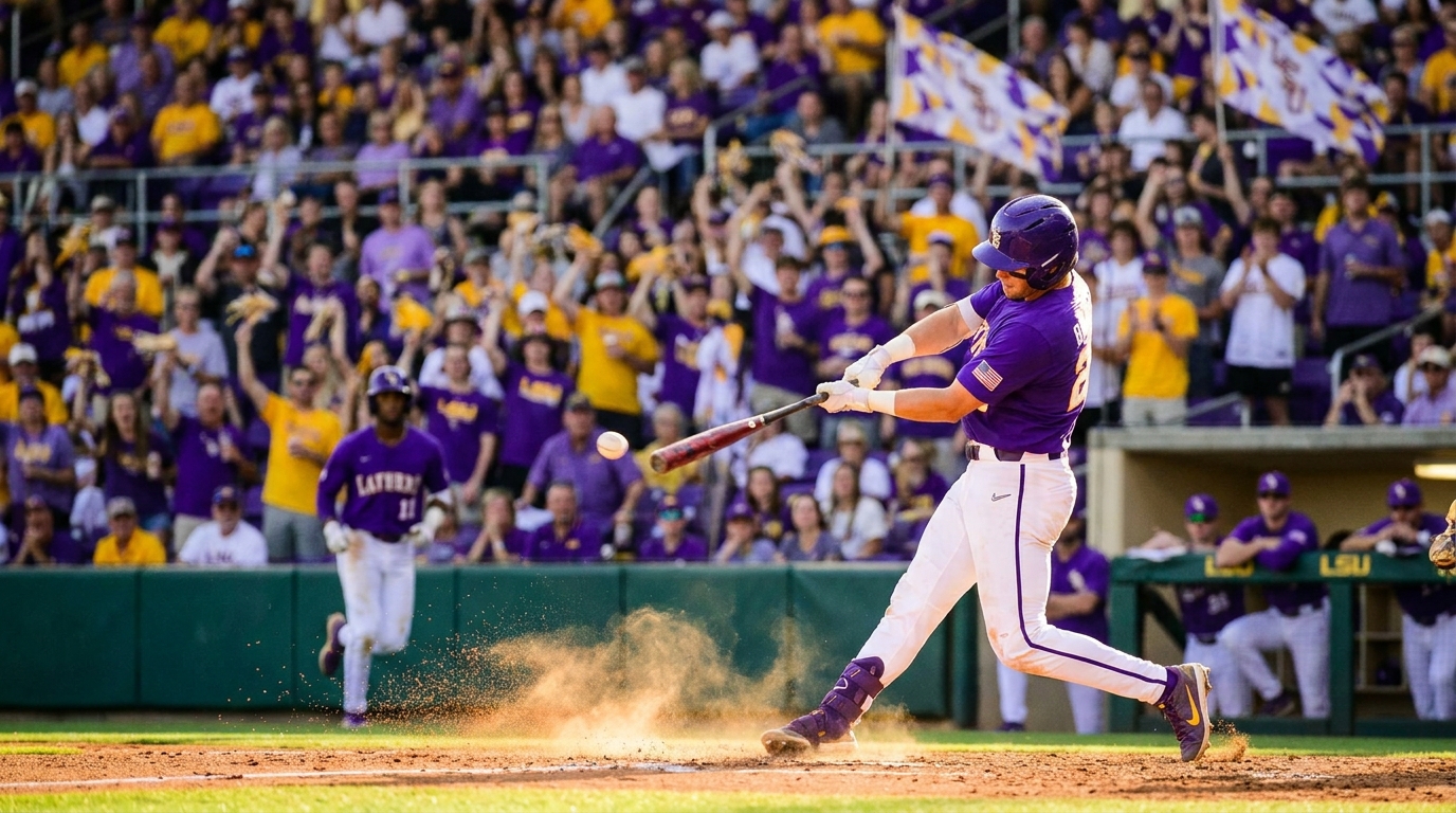 LSU batter mid-swing, dirt flying, crowd in purple and gold