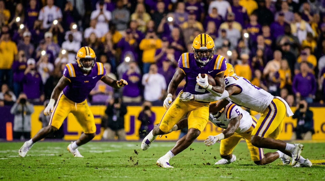LSU football action: running back powering through the line with defenders closing in under stadium lights