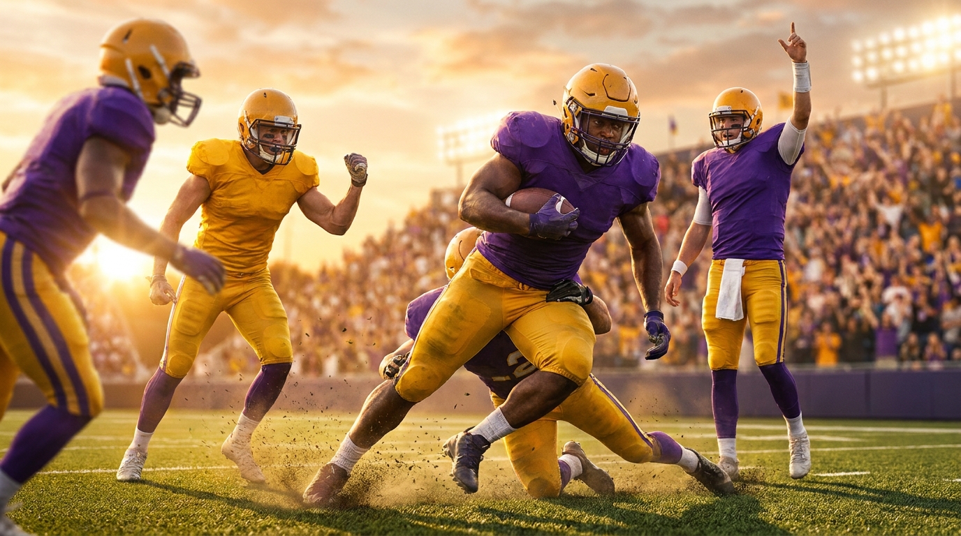 LSU players mid-celebration on a sunlit stadium field