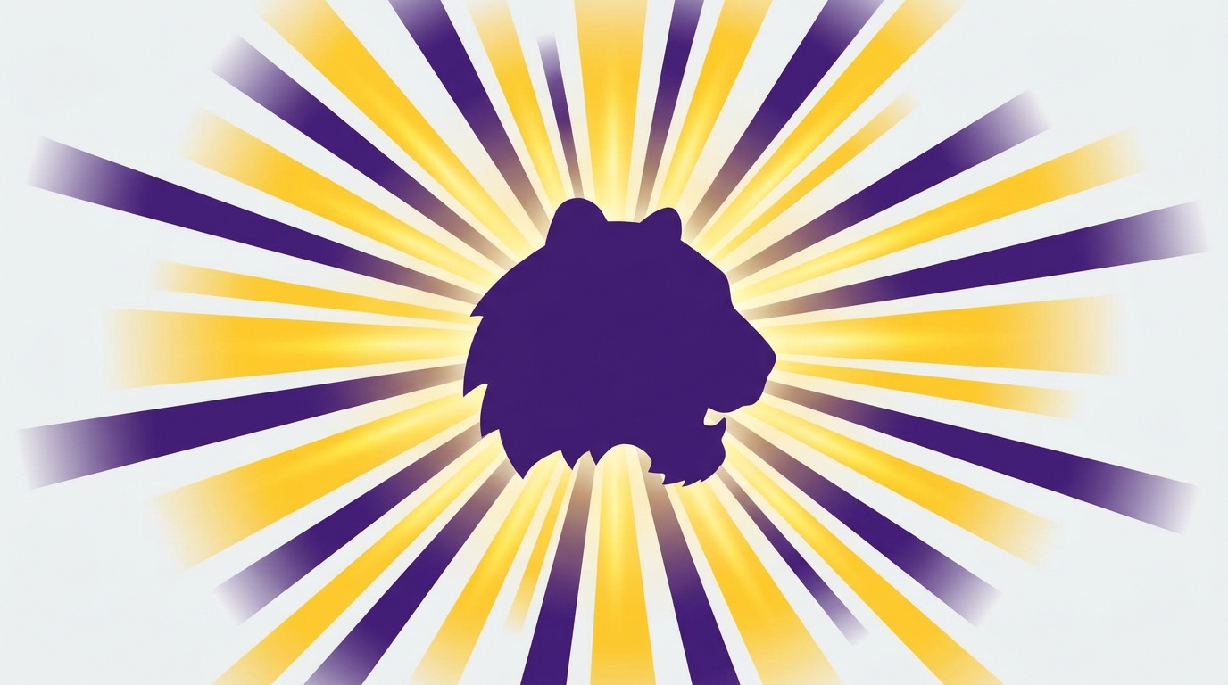 LSU tiger silhouette with purple and gold rays