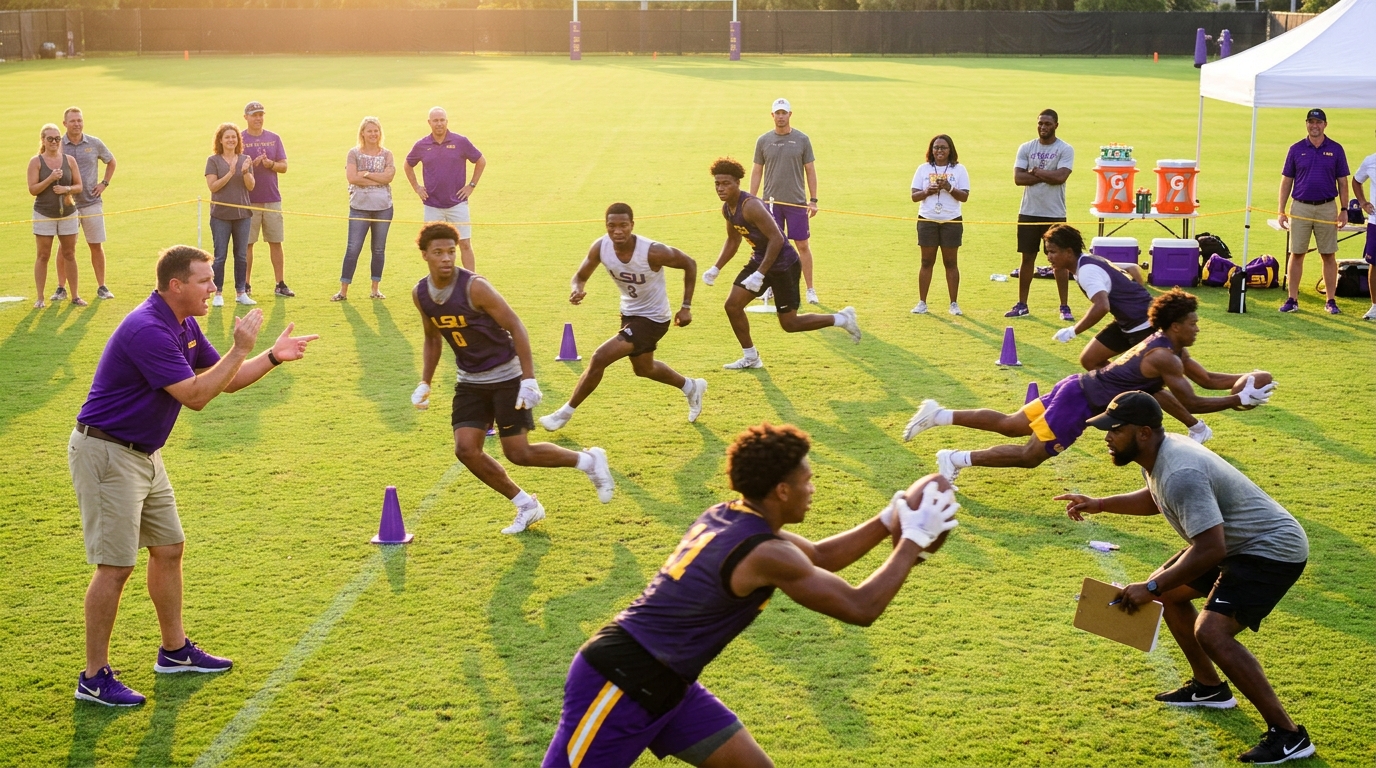 Recruits and coaches at an LSU-style summer football camp practicing routes and drills on a sunny field with purple and gold accents, conveying energy and competition.