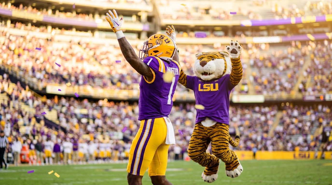 Joyful LSU player and mascot celebrating recruiting success