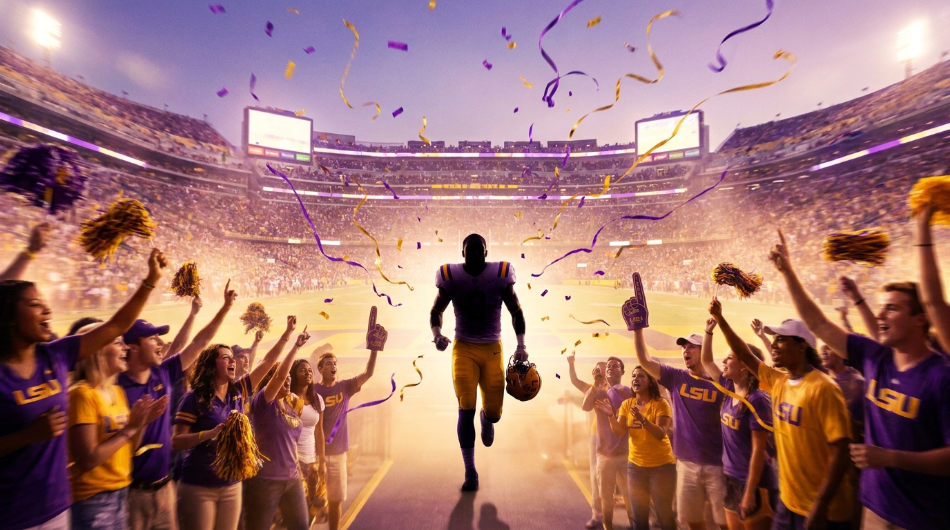 Packed stadium at dusk with LSU fans cheering and purple and gold confetti as a silhouetted player runs toward the crowd symbolizing LSU 2027 recruiting class momentum
