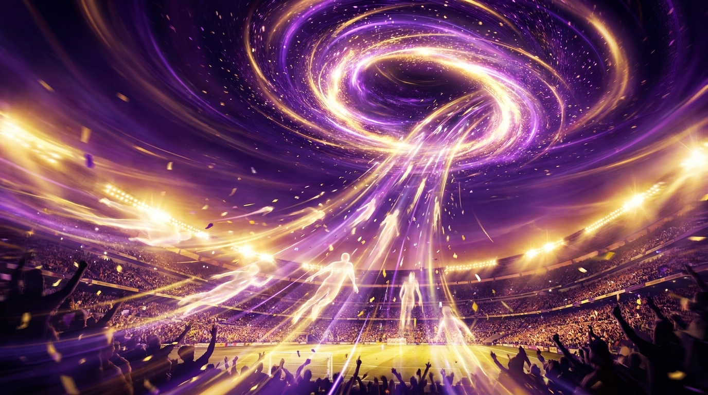 Dynamic purple and gold portal over a glowing stadium