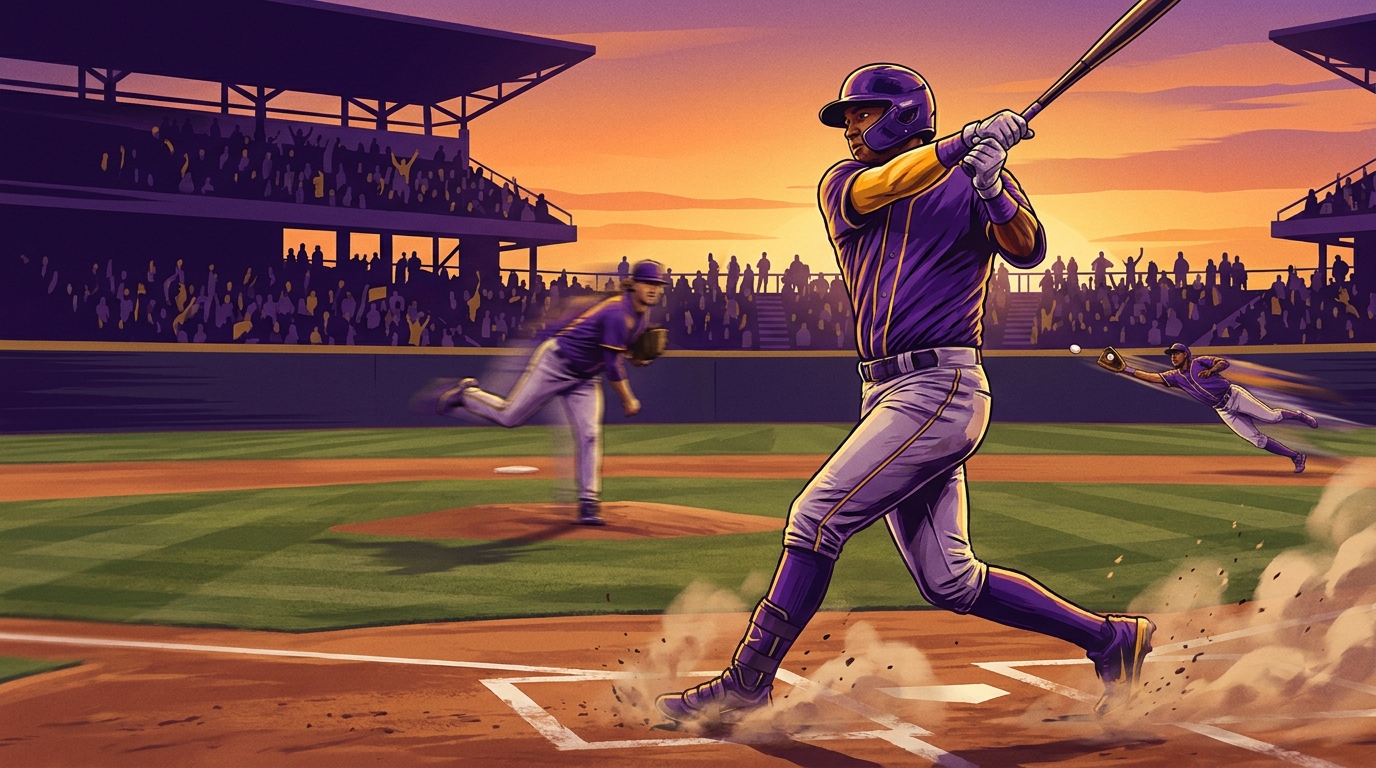 Three LSU baseball players in action at Alex Box at sunset symbolizing roster and signing class 2027 energy