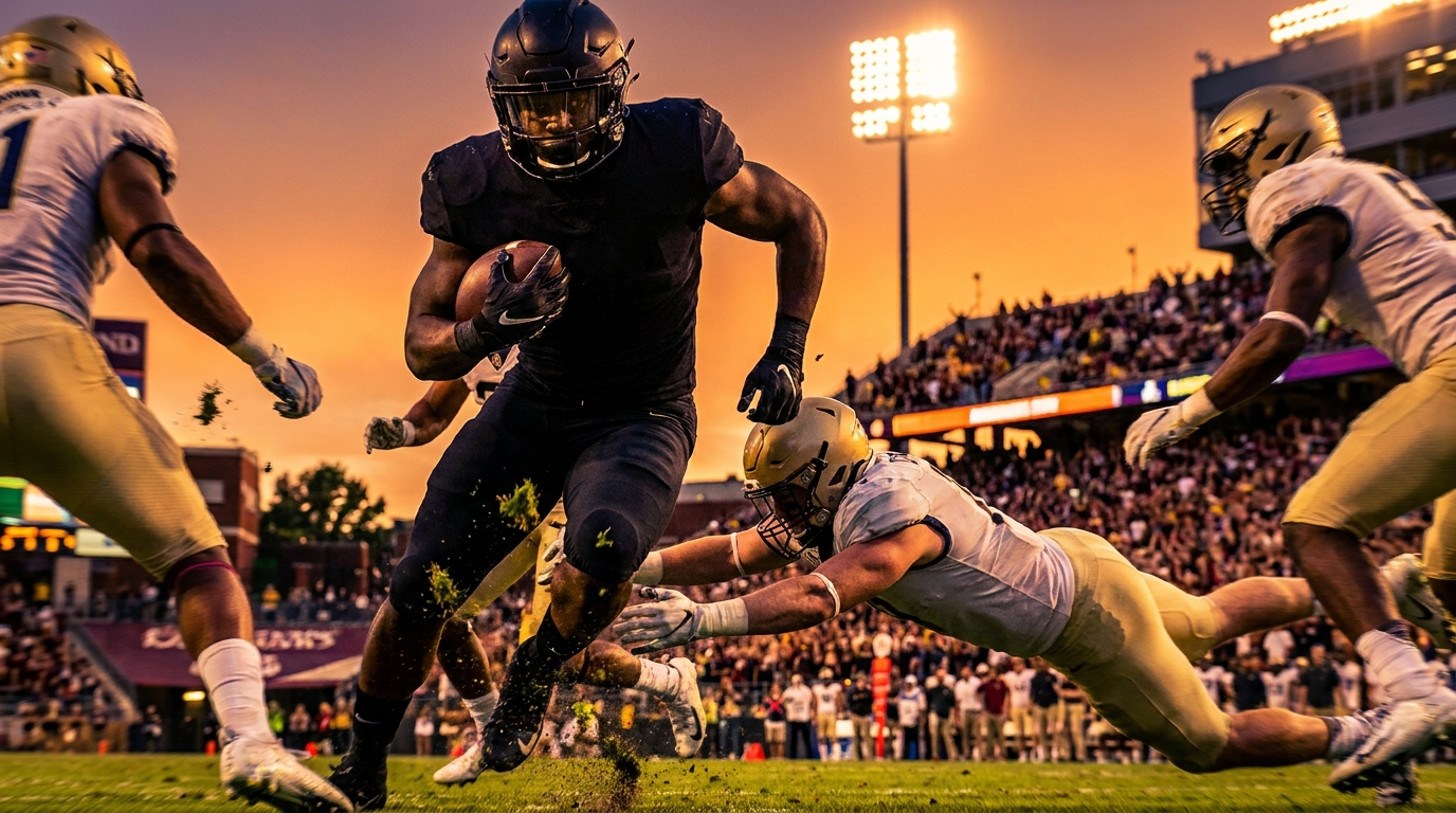 Close-up of a running back powering through defenders on a turf field, motion blur and kicked-up grass under stadium lights