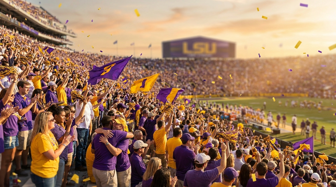 LSU fans celebrating in Tiger Stadium, purple and gold crowd cheering